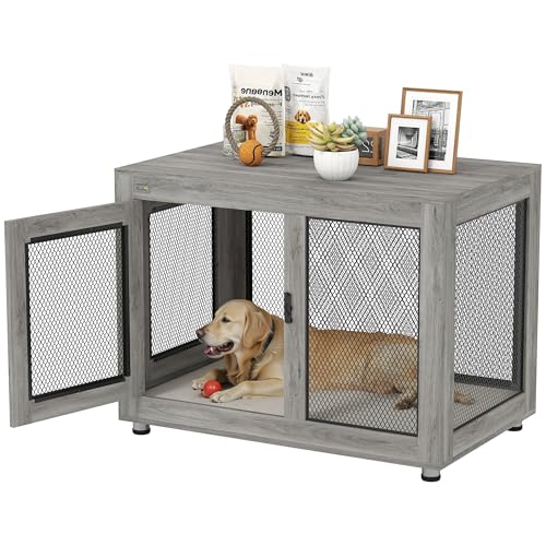 PawHut Jaula para Perros Grandes Estilo Mueble Casa para Perros 94x60x71,5 cm Mesa Auxiliar con 2 Puertas de Pestillo Cojín de Tela Oxford y Rejillas de Acero Gris