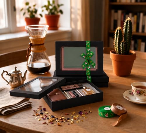 Boîtes cadeaux kraft noir de qualité supérieure avec couvercle cristal et ruban satin vert