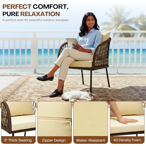 Image of DEVOKO Verde Outdoor Rope 4-Seater Sofa Set with Glass Top Table & Water-Repellent Cushions, Durable Metal Frame, Handwoven Furniture Perfect for Garden, Patio, Pool Deck & Balcony(Brown & Cream)