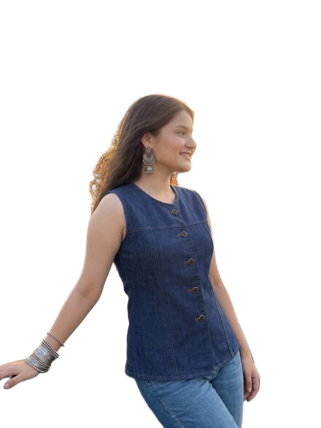 Classic Blue Denim Collarless Waistcoat-image-24
