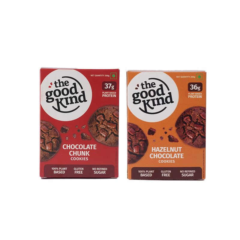Image of The Good Kind Chocolate Chunk & Hazelnut Cookies - 200gm(1 pack each), High Plant Protein Cookies with Almond Butter & Millet Flour, Perfect for Snacking, Gluten Free, Palm Oil free & Vegan (Pack of 2)