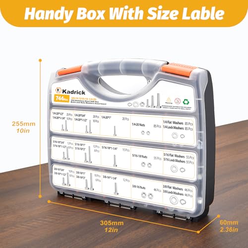 Image of Kadrick 744Pcs 18-8(304) Stainless Steel Hex Bolts Assortment,1 /4-20 5 /16-18 3 /8-16 Heavy Duty Bolts and Nuts Kit, Assorted SAE Bolts Nuts Flat&Lock Washers,Lenth Form 1 /2''-2''
