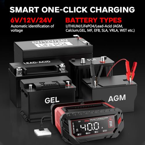 40 AMP Car Battery Charger, 6V/12V/24V Lead-Acid, Lithium, LiFePo4 Smart Battery Charger, Large Screen Trickle Charger,  - Additional View