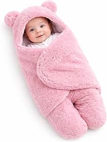Saco de Dormir Bebê Tipo Casulo, Cobertor Enroladinho Plush, Rosa, com Capuz de Ursinho (Rosa)