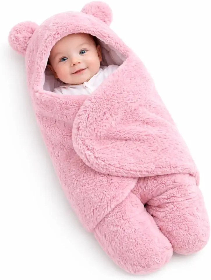 Saco de Dormir Bebê Tipo Casulo, Cobertor Enroladinho Plush, Rosa, com Capuz de Ursinho (Rosa)