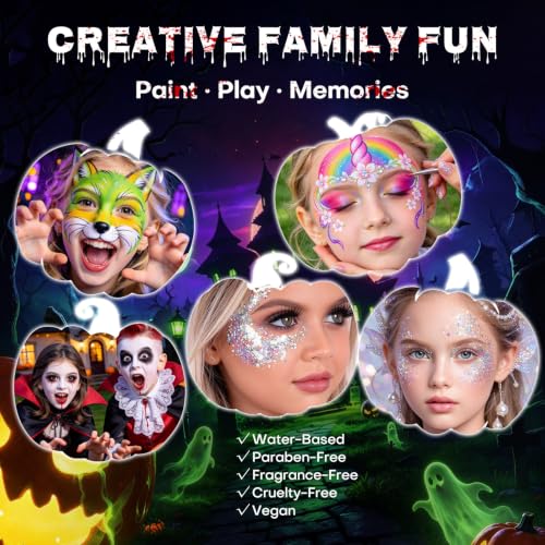 KIMUSE Face Paint Palette for Halloween Makeup, 18 Colors Face Painting Kit, 8 Glitters, 3 Lip Creams & Setting Powder, Halloween Makeup Kit for Cosplay, Costume, Festival, Kids & Adults - image 7