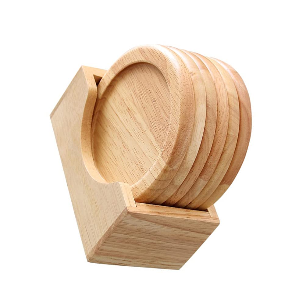 Cabilock Wooden Coasters Round Natural Wood Drink Coasters with Holder Heat Insulation Coffee Tea Cup Coaster Cup Pads for Drinks Wine Glasses Cups Mugs