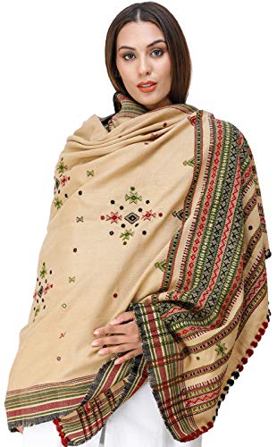 Image of Exotic India Women's Kutch Wool Shawl (SHV95--beige)