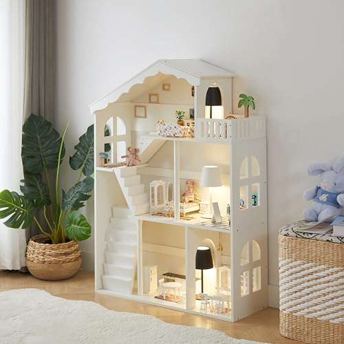 Ocinone Wooden Dollhouse Bookshelf - Toddler Doll House Bookcase Extra Space Kids Toy Storage Book Shelf 3-Tier Children Dollhouse Pretend Play Toy House (Traditional Angled Roof)