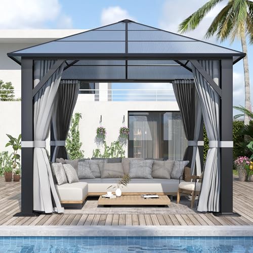 GARTOO 10’x10’ Patio Hardtop Gazebo with Polycarbonate Roof, Waterproof Outdoor
