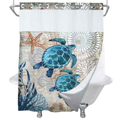 Final Friday Green and Teal Sea Turtles Theme No Hook Waffle Weave Shower Curtain with Snap in Liner Nautical Beach Bathroom Blue Ocean Decor Set 72 W x 74 H Inch Teal