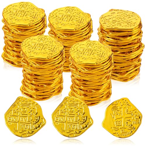 Lusofie 100 Stück Goldmünzen Piratenmünze Plastikmünzreplik Spanische Dublonen Piratenschatz Piratenparty Dekorationen Goldtaler Halloween Abenteuer Themenveranstaltungen Piraten