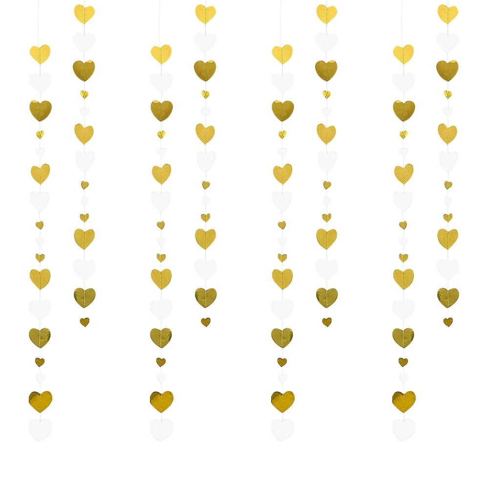 HugeDE 4 Pcs White Gold Heart Garland Love Paper Banner Wedding Valentine's Day Hanging Streamers Double Sided Metallic Garland Decorative Heart Banner for Engagement Bridal Shower