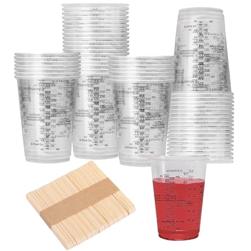 50 Stück Epoxidharz Mischbecher, 240 ml Transparent Lackmischbecher, Becher Pigment mit 50 Stück Rührstäbchen, Wiederverwendbar Lackmischbecher mit Skala Set, für Mischen von Harz, Pigment