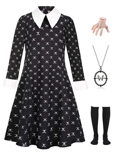 RAAIBB Girls Black Dress for Princess Halloween Costume Kids Family Dress Up with Necklace Hairpin for Birthday Outfit RA027L