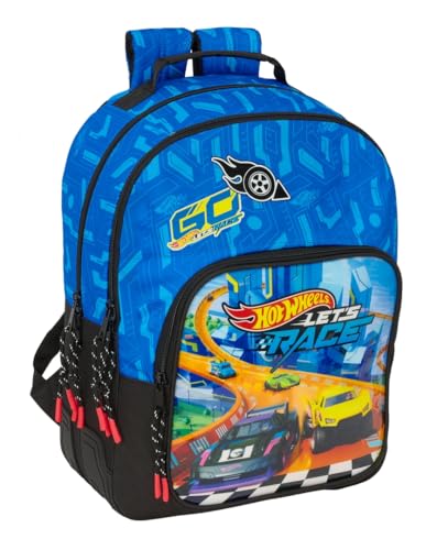 safta Hot Wheels Let's Race Schulrucksack für Kinder, ideal für Kinder verschiedener Altersgruppen, bequem und vielseitig, Qualität und Widerstandsfähigkeit, 32 x 15 x 42 cm, Blau/Schwarz, M, Casual