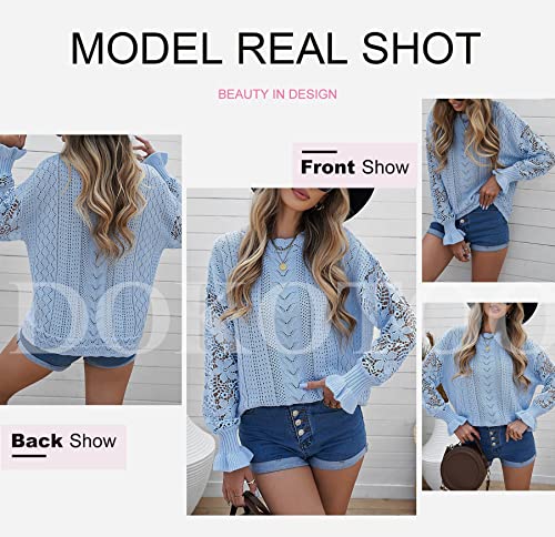 Image of Dokotoo Womens Crewneck Crochet Lace Long Sleeve Hollow Out Cable Knit Sweaters Pullover Tops