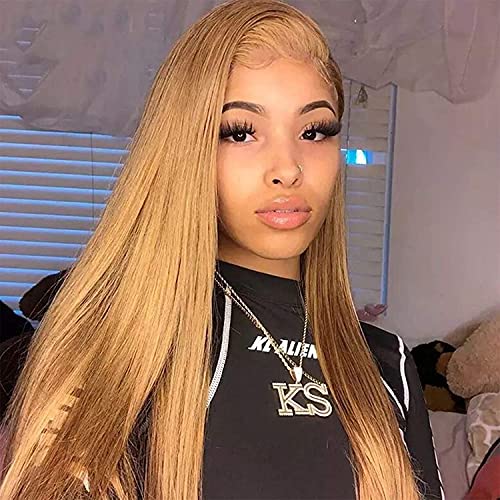 4X4 Lace Front Wigs Human Straight Color 27 Wig Transparent Lace Brazilian Virgin Hair Glueless Lace Closure Wig With Baby Hair 130% Density 9A Grade Preplucked Bleached Knots 20 Inch