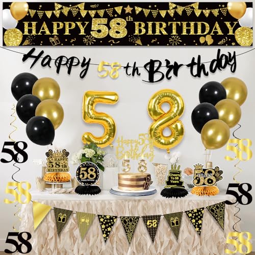 Image of 58th Birthday Decorations for Men, Black Gold 58th Party Decoration Kits | 27pcs Happy 58th Birthday Set, Banner, Honeycomb, Balloons, Gold Number, Candle, Hanging Swirls, Cake Topper, Party Supplies