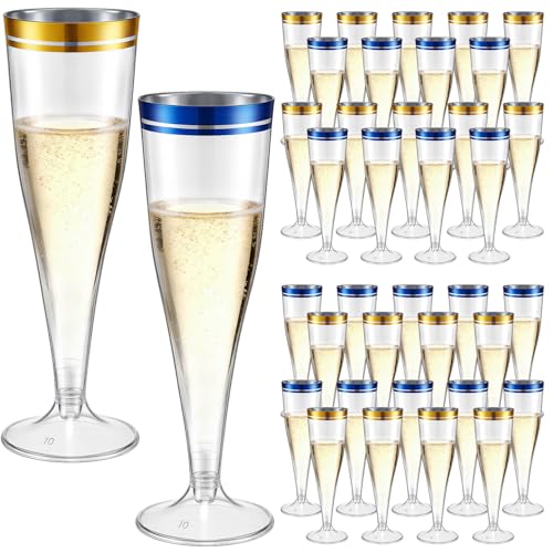 Skylety 100 Pcs Plastic Champagne Flutes Bulk Disposable 4.5 oz, Gold,Blue