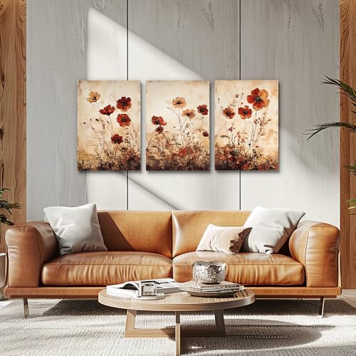 DZRWUBHS Boho Wall Art For Living Room Minimalist Wall Decor For Bedroom Vintage Flowers Pictures Office Decorations Bathroom Canvas Prints Modern Aesthetic Home Decor Artwork 3 Piece Ready To Hang