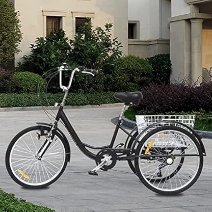 24" 3-Räder Dreirad für Erwachsene 6 Gang Fahrrad Trike mit Licht & Einkaufskorb Bicycle Elektro Dreirad Fahrrad Ausgestattet mit Leuchten und Reflektoren (schwarz) – Bild 4