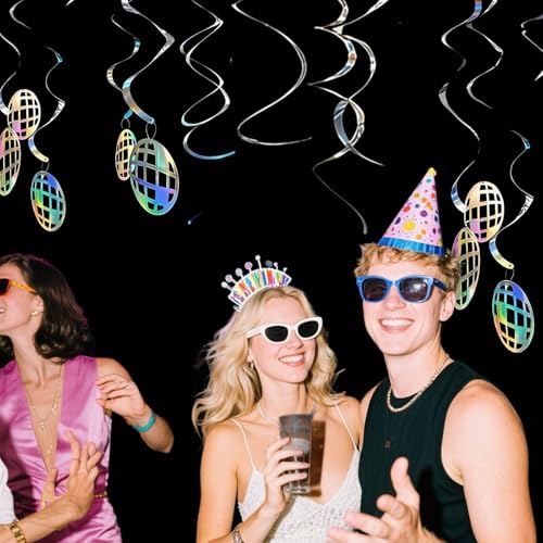 Image of Disco Hanging Swirl Set Party Decorations, 48 Pcs, Disco Ball Party Supplies Sign,Silver
