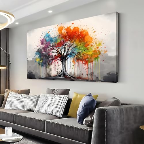 Toile abstraite moderne arbre rouge tableau noir et blanc 70x140