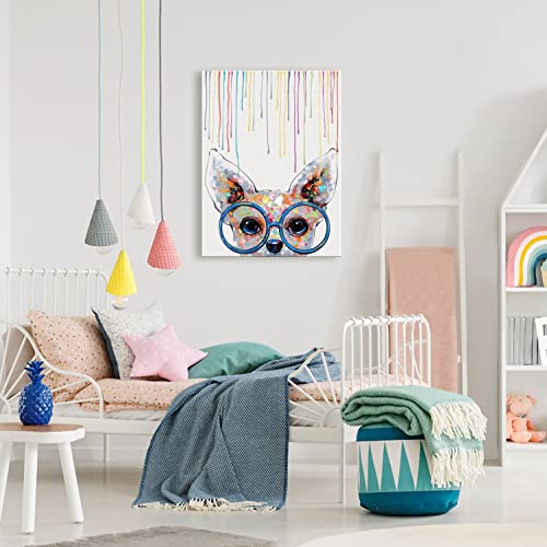 Sionoiur Dog Canvas Wall Art Puppy Print Pet Paintings Artwork Glasses Dog Colorful Poster Home Decoration Kids Bedroom Decor Framed 12X16 Inch #TOP2
