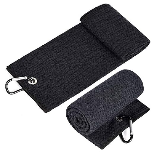 Toalla de Golf con Mosquetón Toalla de Golf de Microfibra Toalla de Limpieza de Golf Toalla Golf Tríptico para Bicicleta de Carretera Golf Yoga Deportes de Fitness al Aire Libre, 2 Piezas (Negro)