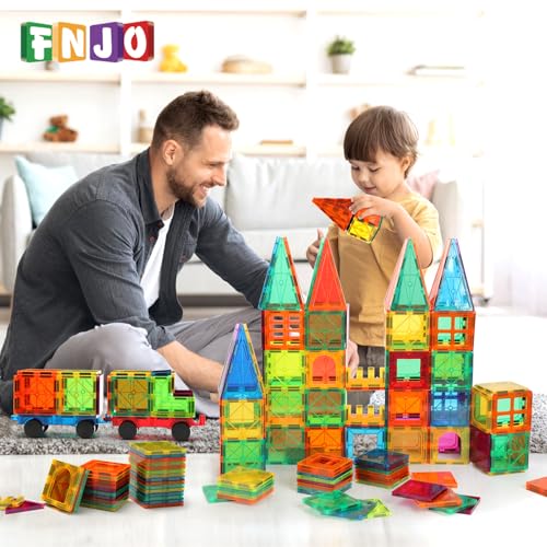 Miniatura 4 de FNJO Baldosas Magnéticas 100 Piezas + Coches, Set Construcción Magnética Juguete Stem, Regalo Educativo para Niños/Niñas 3-10 Años (Bloques Imanes Preescolar)