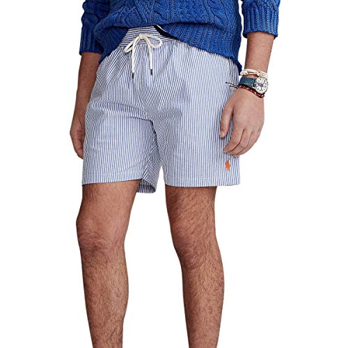 Short De Bain Fines Rayures avec Cordon Traveler/Bleu