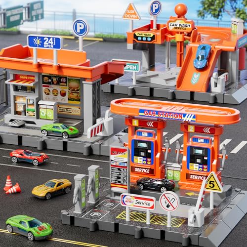 KIZONLY - Jeu de voitures 3 en 1, ensemble de pilotes d'activité, de station-service, de lavage de voiture, de restaurant de voiture, de voitures de jouet à...