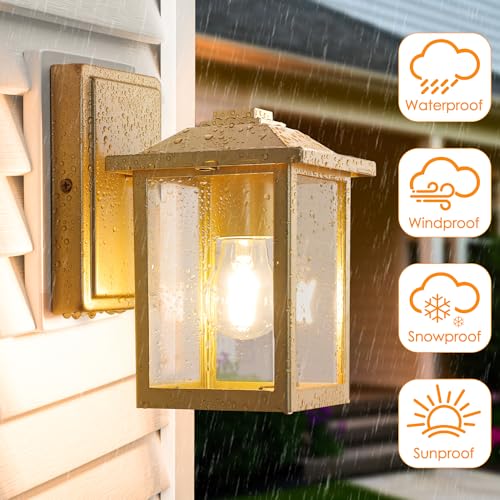 Image of Outdoor Wall Light Fixture, Exterior Waterproof Porch Lighting | Gold Patio Wall Lantern, Anti-Rust, Clear Glass, E26 Socket, Wall Mount Sconce Lighting, Outside Front Door Light Entryway