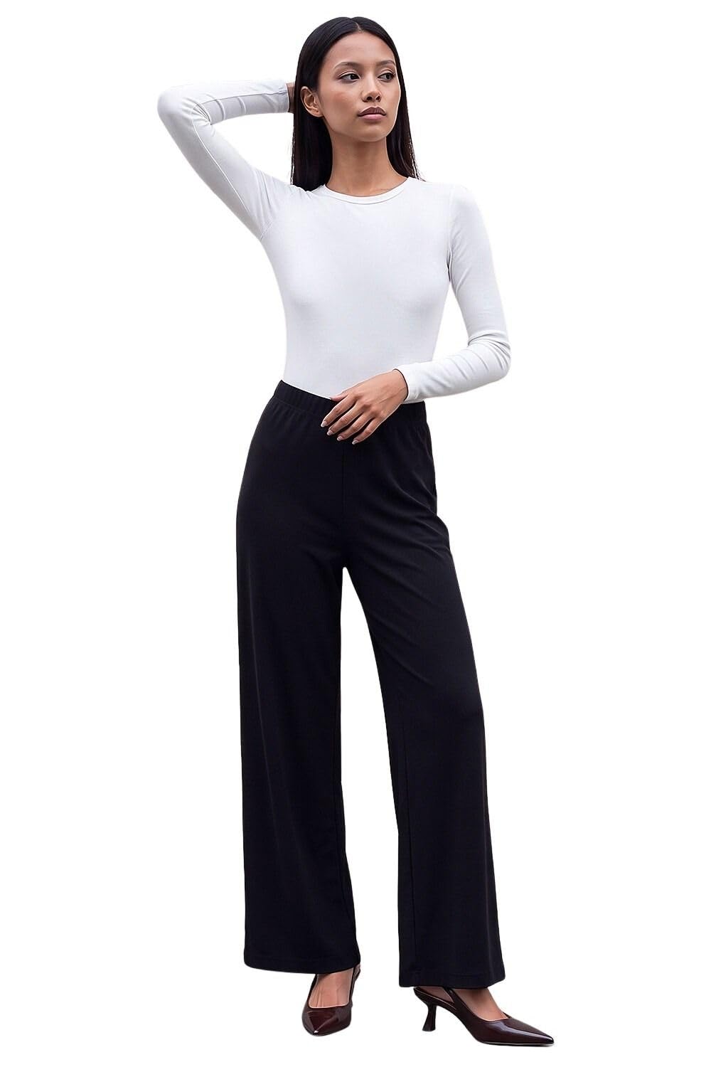 Roman Originals Women's Petite Black Roman Petite Wide Leg Stretch Trouser For Uk - Everyday Autumn Winter Comfy Soft Evening Vacation Work Party Night Out Full Length - Size 12