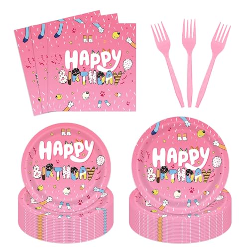 96Pcs Cartoon Pink Dog Tableware Set Disposable Dinnerware for Girls Birthday Party Bday Pink Decorations with Plates and Napkins Sets Serve 24 Guests