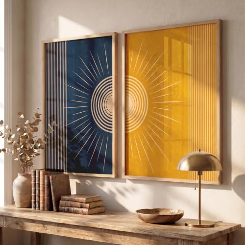 Image of YANVEER Modern Sunburst Abstract Wall Art Painting | Boho Minimalist Sun Art Home Decoration Painting With Frame For Living Room Bedroom Office Wall Decor Size (13X17 inch)