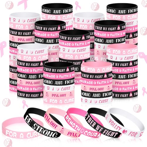120pcs Volleyball Breast Cancer Awareness Bracelets Pink Ribbons Silicone Bracelets Hope Faith Strength Courage Wristbands Accessories Breast Cancer Awareness Gifts for Women