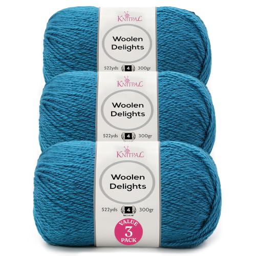 Woolen Delights #4 Soft Wool Yarn, 3-Pack (522Yds/300G), Peacock Blue