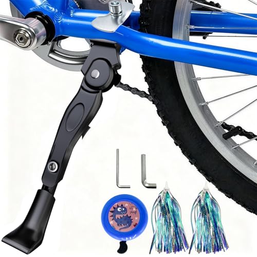 Aeneadbaby Kickstand for Kids Bike with Bell and Handlebar Streamers, Adjustable Aluminum Alloy Center Mount Stand for 16 18 20 Inch Children’s Bicycles, Easy Install, by Aeneadbaby - Used condition - US$7.55