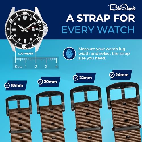 Image of BluShark - Original Collection Military-Style Waterproof Watch Strap, Fits All Timepiece Brands, Durable Nylon Wristwatch Accessories with Stainless Steel Buckle - 18mm, 20mm, 22mm & 24mm Watch Bands