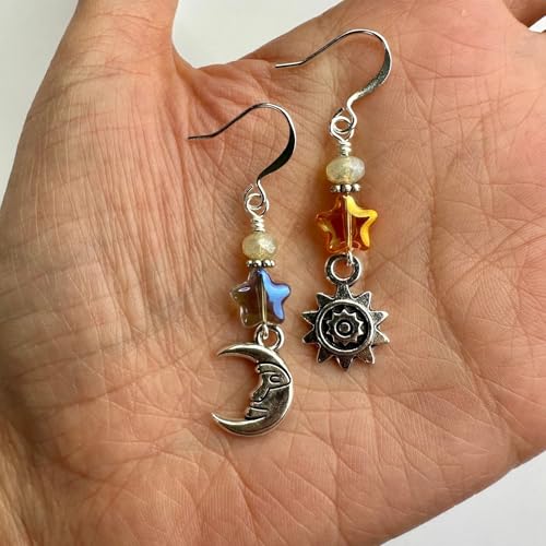 Vintage Sun Moon Star Dangle Earrings for Women,Boho Celestial Jewelry Asymmetric Drop Earrings Silver Retro Earrings Gifts3