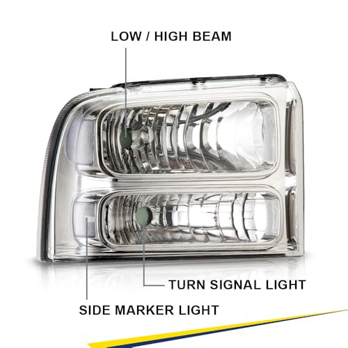Image of GRAND ORANGE Headlights Assembly Compatible with 2005-2007 Ford F250 F350 F450 F550 Super Duty /Fit 2005 Ford Excursion Headlamp Clear lens Chrome Houing Clear Reflector