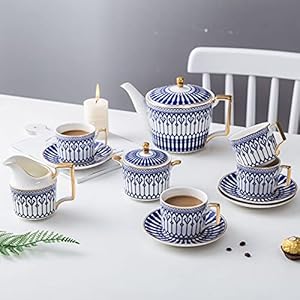 11 Pieces Porcelain Tea Set Castle Coffee Cups and Saucer Ceramic Coffee Set with Teapot, Sugar Bowl, Creamer Pitcher,11pcs (11pcs)