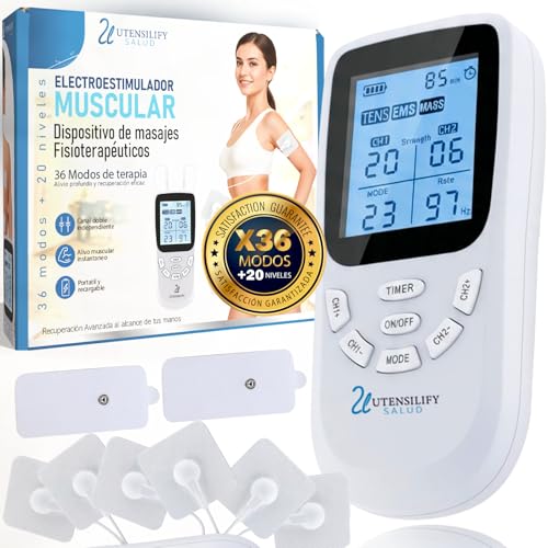 UTENSILIFY® SUPER PACK Electroestimulador Muscular 3 EN 1 PREMIUM | 6 Electrodos Para Tens + 2 Electrodos Fisioterapia | 36 Modos + 20 Niveles de Intensidad | Estimulador Muscular | Tens | EMS | Mass