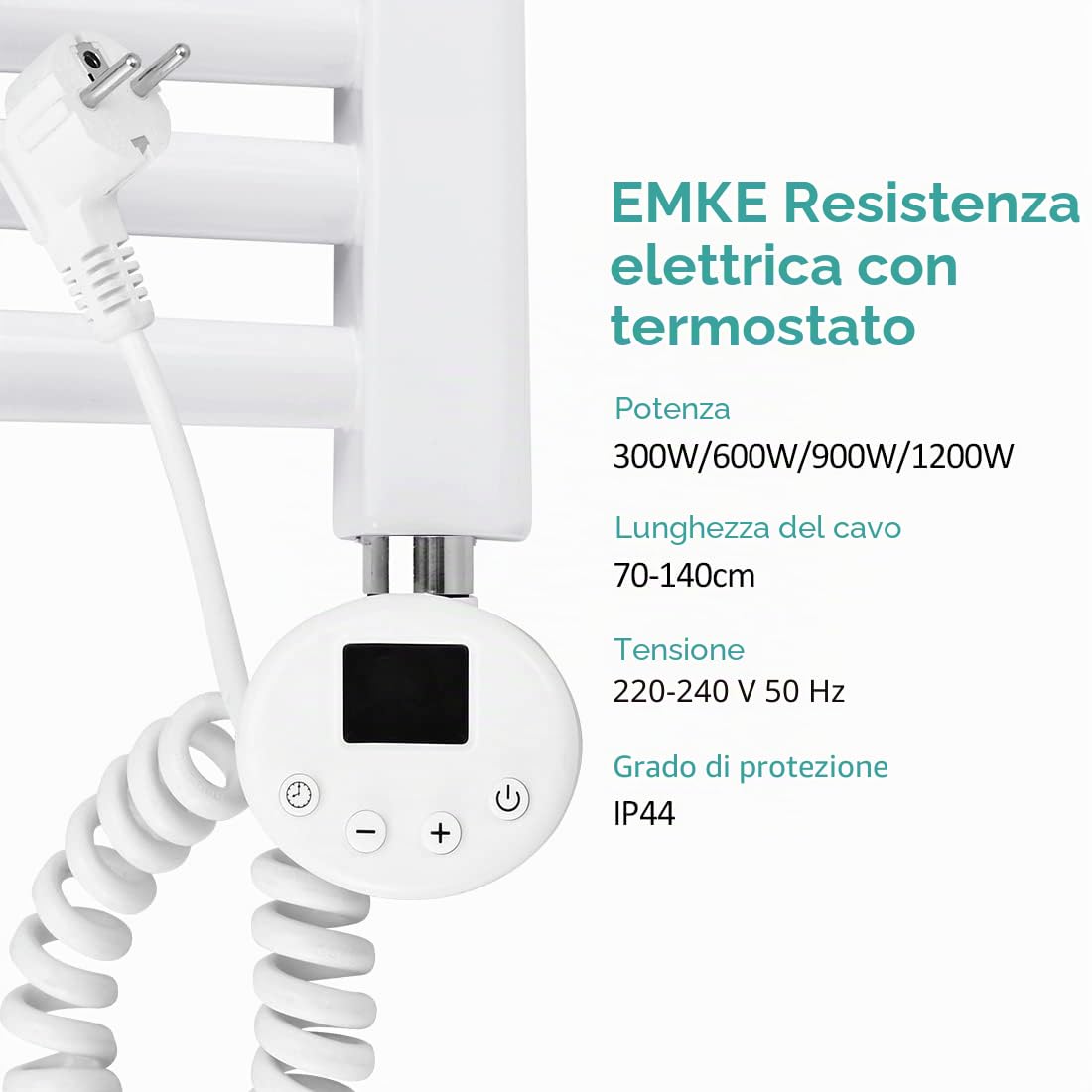 EMKE Barra riscaldante con termostato per termosifoni da bagno, 1200 W, cartuccia riscaldante in acciaio inox, per radiatore, scaldasalviette elettrico, bianco