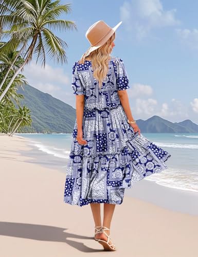 Image of YESNO Summer Floral Midi Dresses for Women V Neck Puff Short Sleeve Frill Trim Dress with Pockets EVX