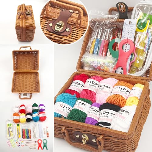 Étui rétro en rotin garni d'un ensemble de 64 kits de crochet