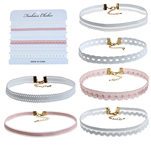 6 PCS Choker Necklaces Set Pink and White Lace Chokers Classic Gothic Valentines Day Birthday Gifts, Halloween Cosplay Jewelry Tattoo Stretch Elastic Jewelry Women Girl Gift Pack