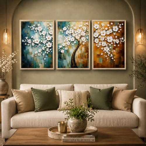 Image of Livin'luxe Set of 3 White Blossom Tree Wall Paintings for Living Room Bedroom Hallway Decor with Premium Wooden Color Synthetic Frame (25.5 x 19.5 Inch) NM03-94